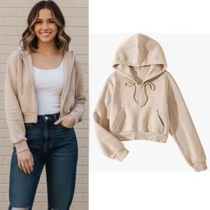 New- Beige Cropped Hoodie